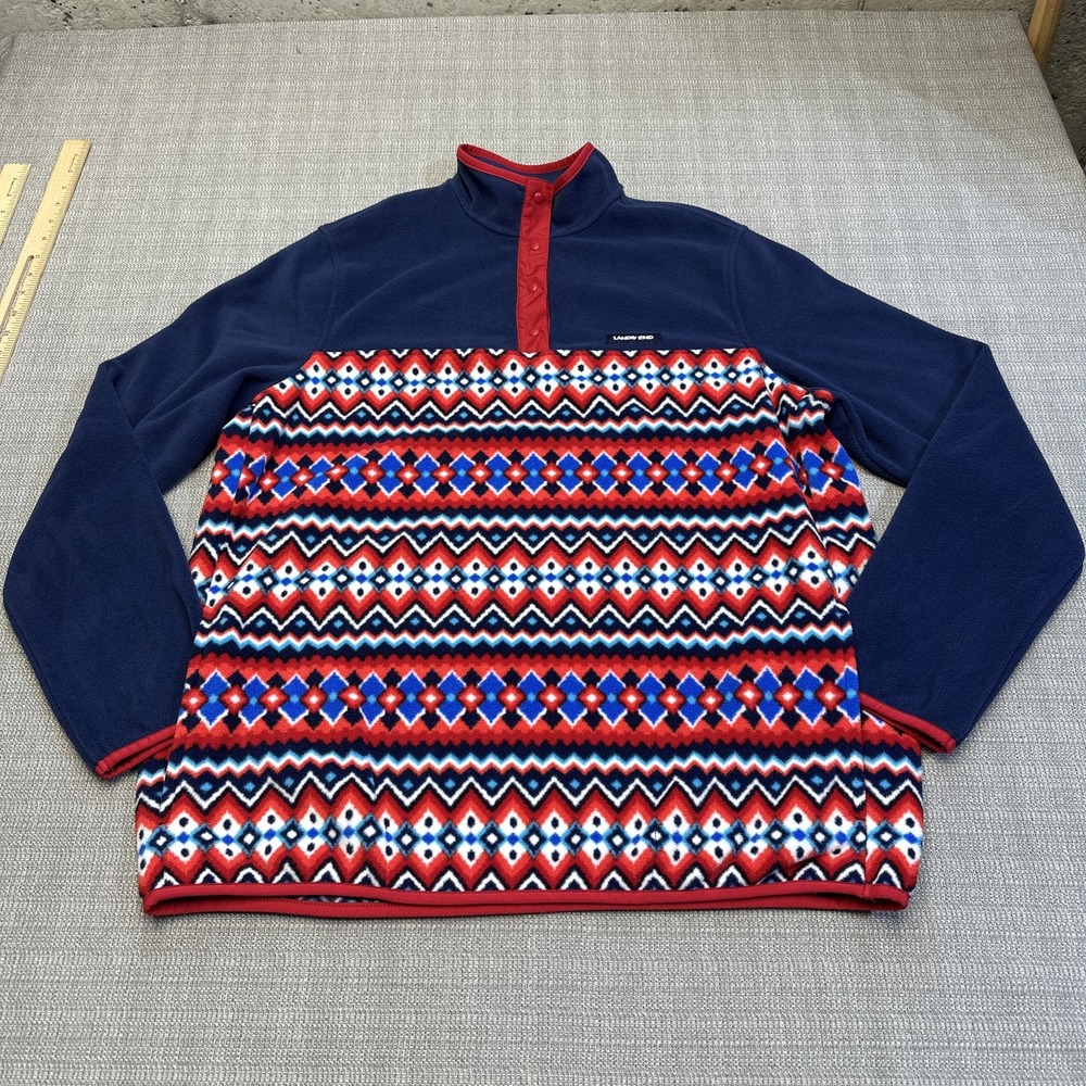 Lands' End Youth Large 14/16 Fair Isle‎ Fleece Pullover Snap Navy Red Patriotic